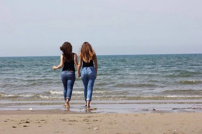 Rear view of friends standing on beach