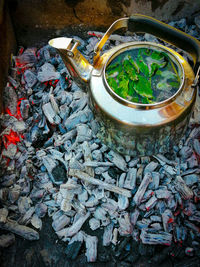 High angle view of drink on leaves