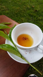 High angle view of tea served on table
