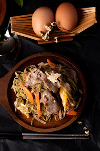 High angle view of food in plate on table