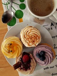 High angle view of cupcakes on table