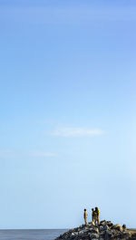 Police force standing on rocks at beach against blue sky