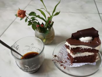 High angle view of cake in plate on table