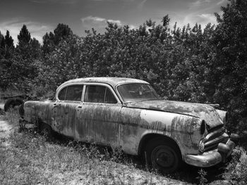 Abandoned vintage car against trees