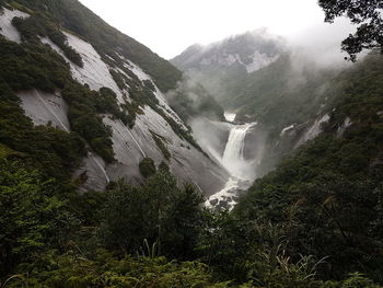 Scenic view of waterfall in forest against sky