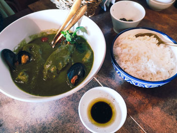 High angle view of meal served on table