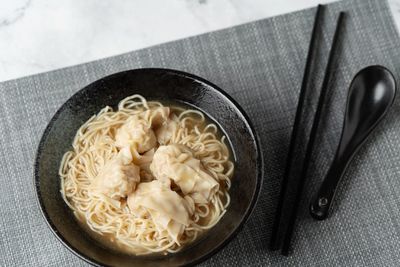 High angle view of noodles in bowl on table