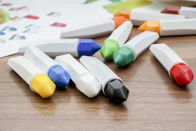 High angle view of multi colored pencils on table