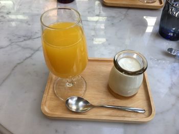 High angle view of drinks on table