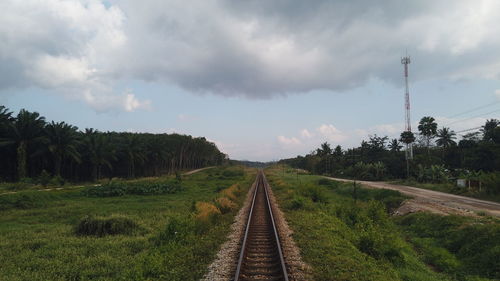 Railroad tracks amidst trees against sky