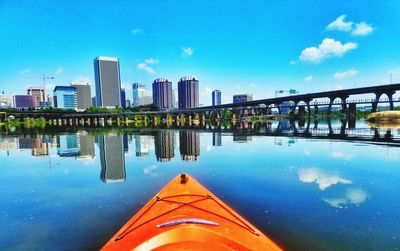 Reflection of city in water against sky