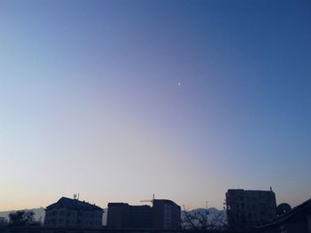 High section of buildings against clear blue sky