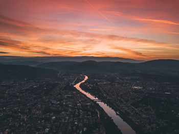 High angle view of cityscape against sky during sunset