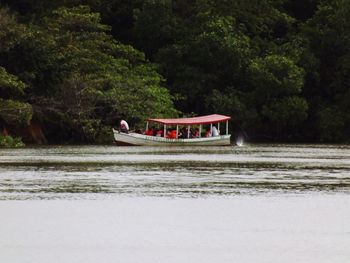 Boat in river against trees