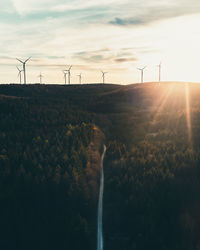 Cinematic aerial view of wind turbines and hiking road in the forest. warm teal and orange look.