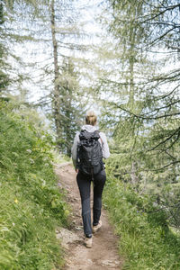 Rear view of woman walking in forest