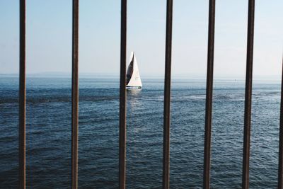 Sailboat sailing in sea against sky seen through railing