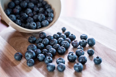 High angle view of blueberries on table