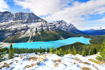 Scenic view of snowcapped mountain against cloudy sky