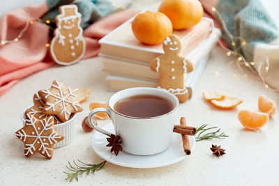 High angle view of coffee on table