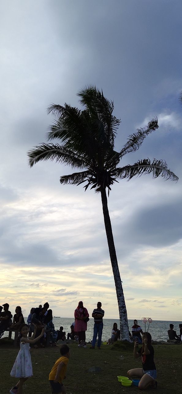 PEOPLE SITTING BY PALM TREE AGAINST SKY