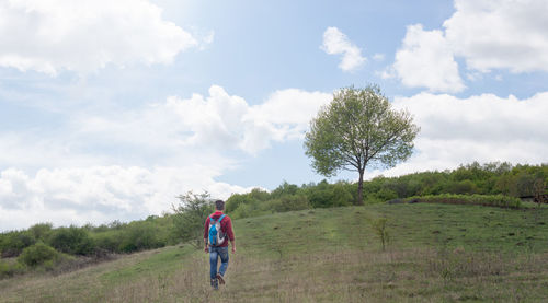 Rear view of man on field against sky