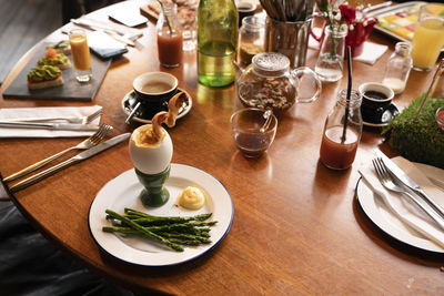 High angle view of breakfast food served in a restaurant