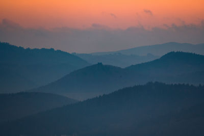 Scenic view of silhouette mountains against sky during sunset