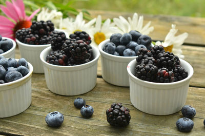 Various berries in bowl on table