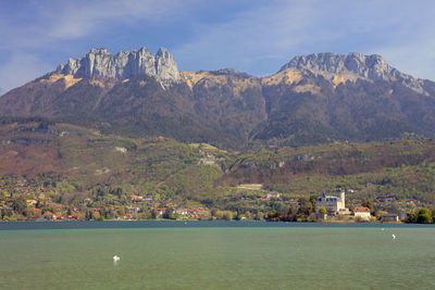 Scenic view of lake and mountains against sky