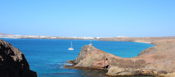 Panoramic view of sea against clear blue sky