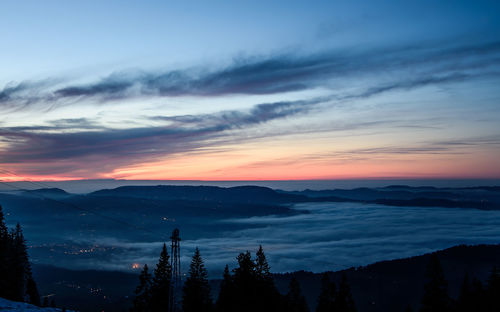 Scenic view of silhouette mountains against sky at sunset