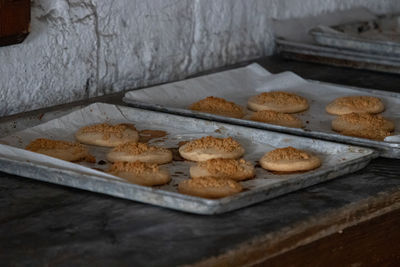 Freshly baked cookies on baking sheets