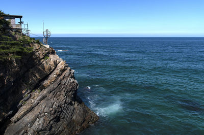 Scenic view of sea against clear blue sky