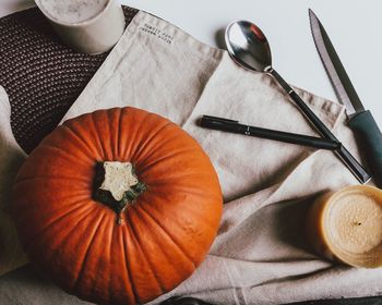 High angle view of pumpkin on table