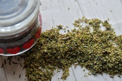 High angle view of plants in jar on table