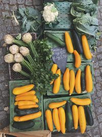 High angle view of vegetables for sale at market