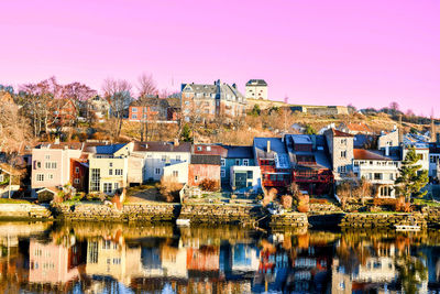 Reflection of buildings in lake against sky