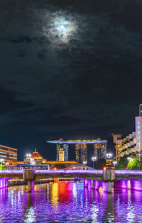 Illuminated buildings by river against sky at night
