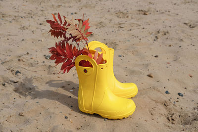 Yellow rain boots on a sand. rubber boots with autumn leaves. fall season concept.  kids footwear