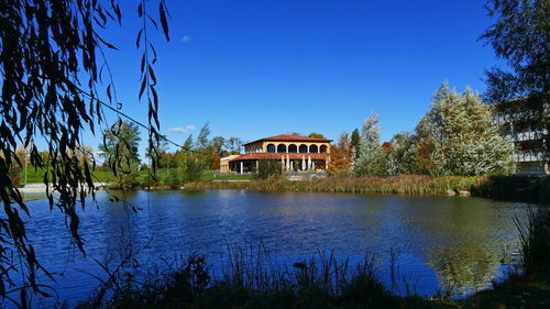 Lake and buildings against clear blue sky