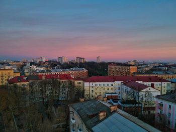 High angle view of townscape against sky at sunset