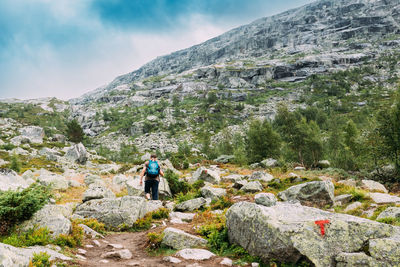 Rear view of man climbing on mountain against sky