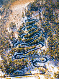 Aerial view of winding road amidst trees in forest during winter