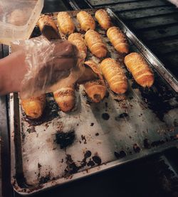 High angle view of meat on barbecue grill