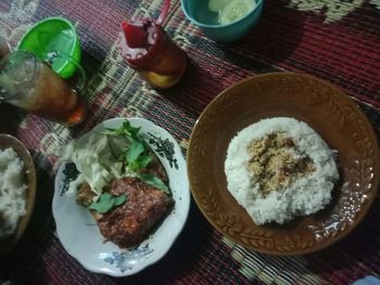 High angle view of breakfast served on table