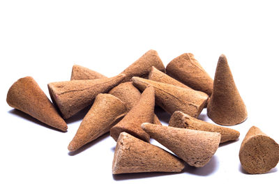 Close-up of cookies against white background