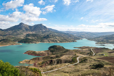 A landscape image of the man made lake and hills surrounding zahara de la sierra
