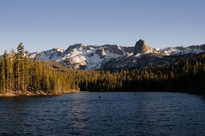 Scenic view of lake and mountains against clear sky