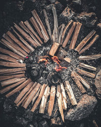 High angle view of bonfire on field
